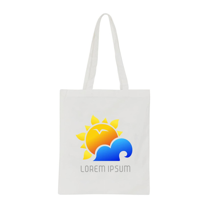 A white cotton tote bag with a colourful sun and wave design, featuring a logo at the bottom.