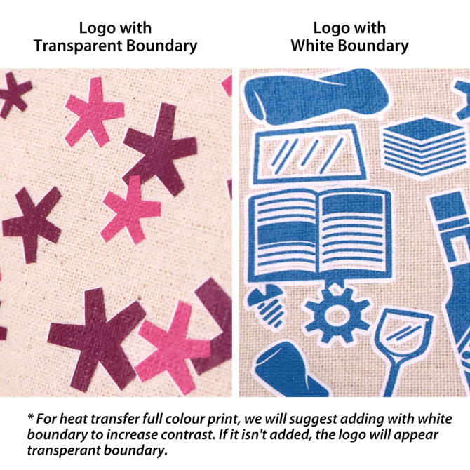 A long handle cotton bag featuring blue and purple graphics, including various icons and a logo with a boundary.