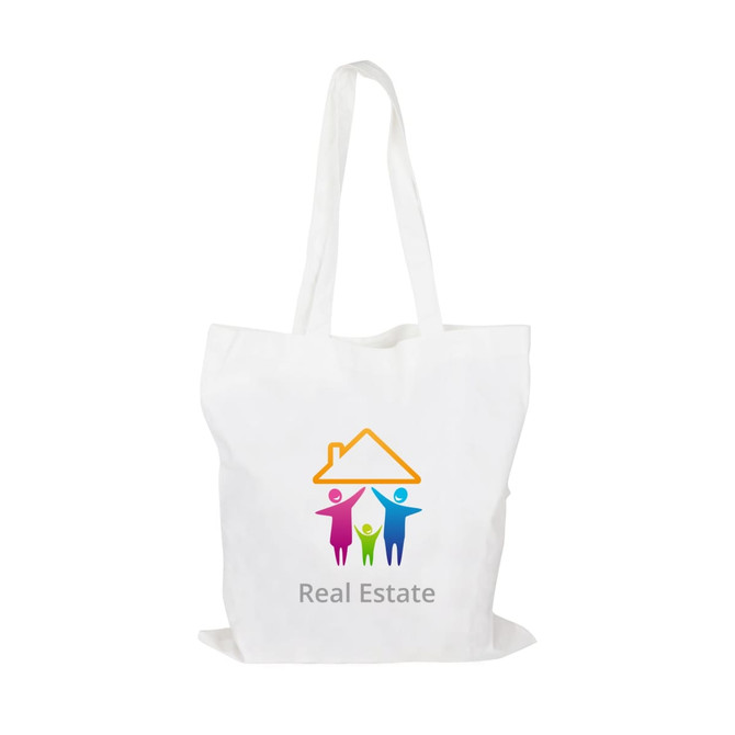 A white cotton bag with long handles and a multicoloured logo featuring figures and a house design.