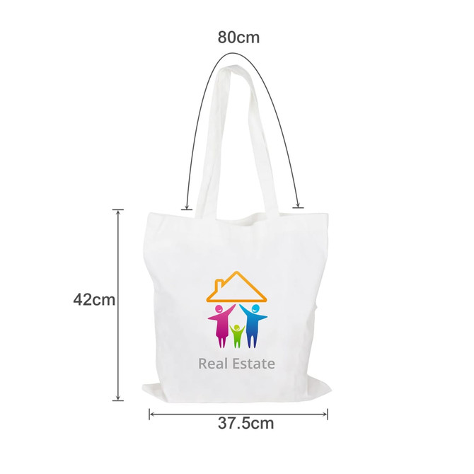 A white tote bag with long handles featuring a logo, measuring 80cm by 42cm and 37.5cm wide.