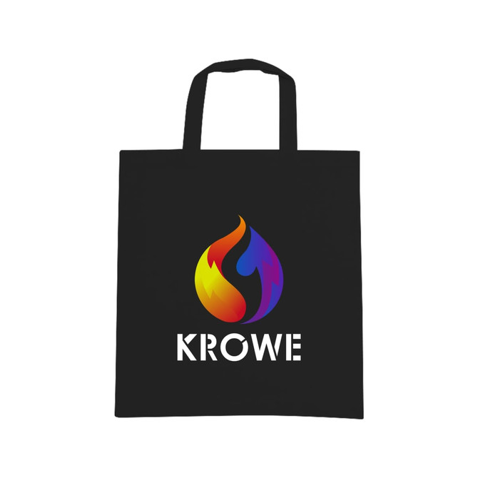 A black cotton bag featuring a colourful flame logo and short handles.