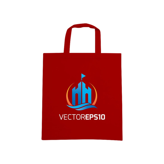 A red short handle cotton bag with a logo printed on the front. The bag features two sturdy handles.