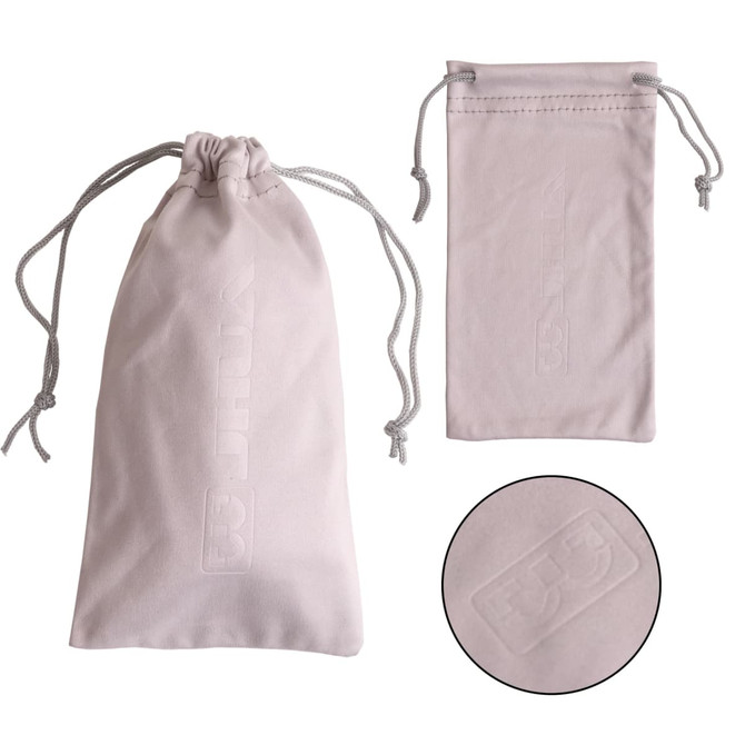 A light grey sunglasses pouch with a drawstring and a logo, ideal for storage and protection.