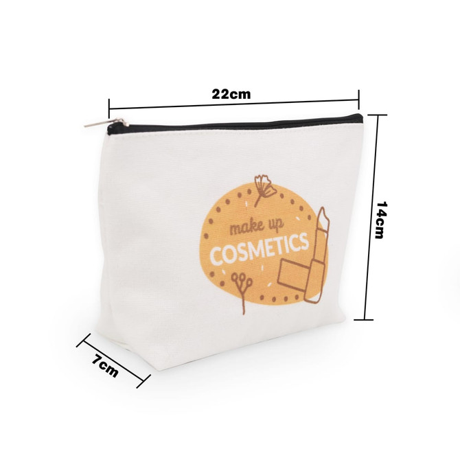 A white canvas cosmetic bag with a zip closure and a simple graphic design. Measures 22cm x 14cm x 7cm.
