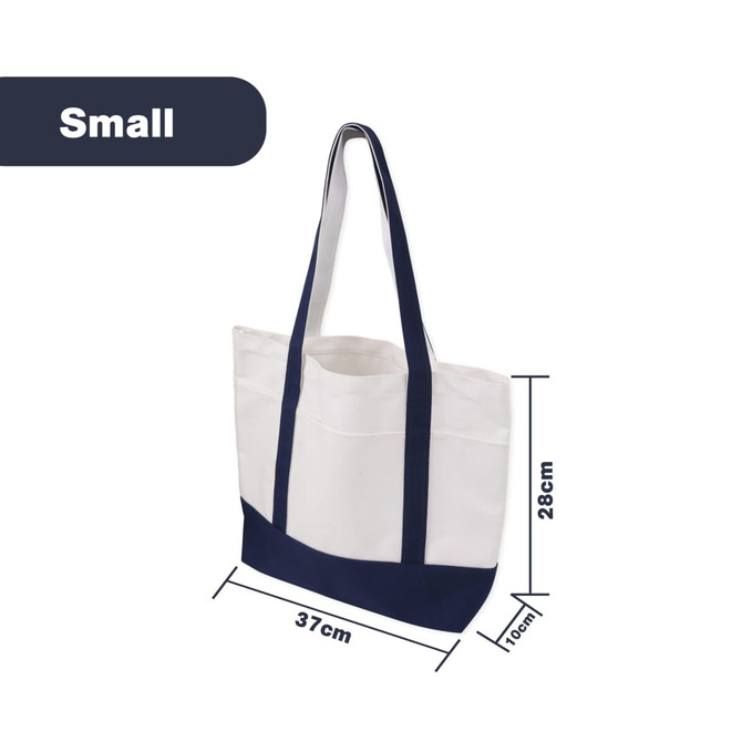 A small canvas tote bag in white and navy blue, featuring a logo and measuring 37cm wide by 28cm tall. A small canvas tote bag in white and navy blue, featuring a logo and measuring 37cm wide by 28cm tall.