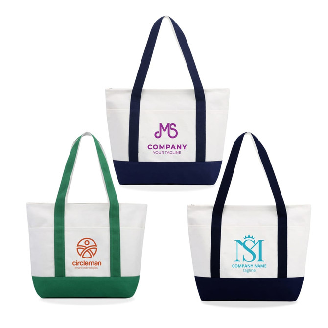 Three large canvas tote bags featuring white fabric with green, navy, and orange accents, each with a logo. Three large canvas tote bags featuring white fabric with green, navy, and orange accents, each with a logo.