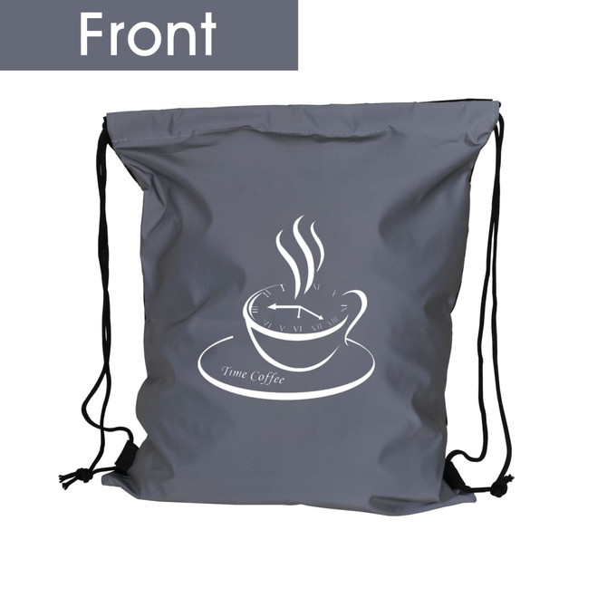 A grey reflective drawstring bag featuring a coffee cup graphic and a logo. The bag has two black drawstrings. A grey reflective drawstring bag featuring a coffee cup graphic and a logo. The bag has two black drawstrings.