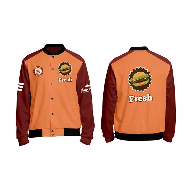 A unisex polyester varsity jacket featuring orange and maroon colours, with a logo on the front and a design on the back.