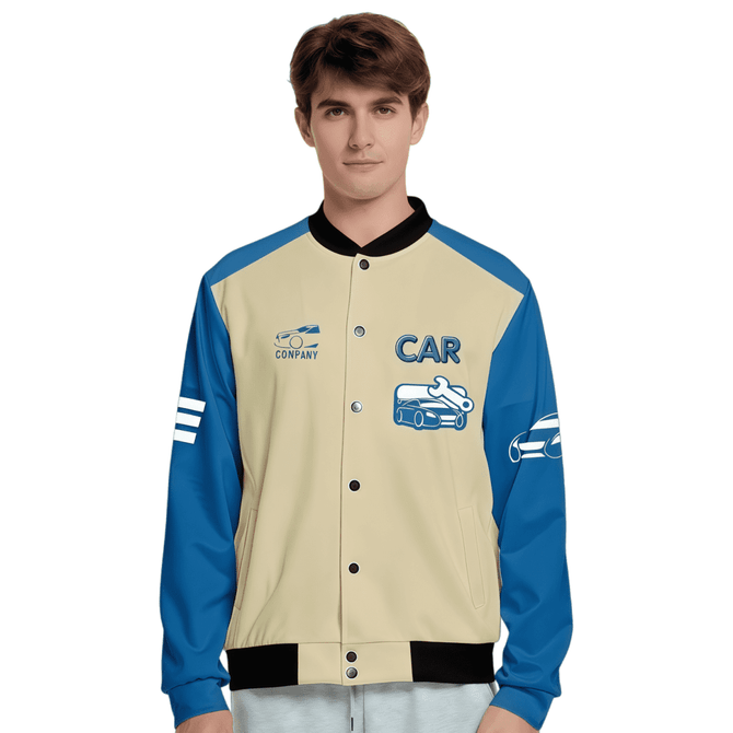 A unisex varsity jacket in beige and blue, featuring a logo and graphics of cars on the front and sleeves.