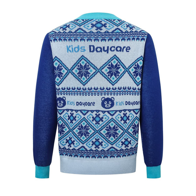 A unisex acrylic cotton jacquard sweater with a blue and light blue pattern, featuring logos and festive designs.
