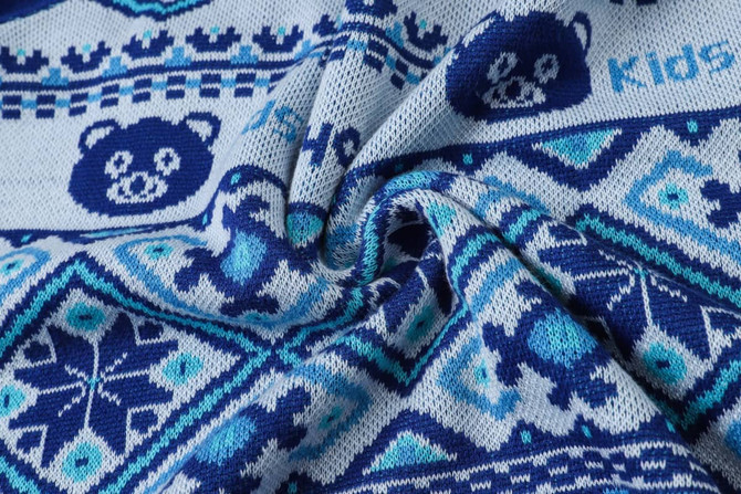 A unisex acrylic cotton jacquard sweater featuring a blue and white patterned design with images of bears.