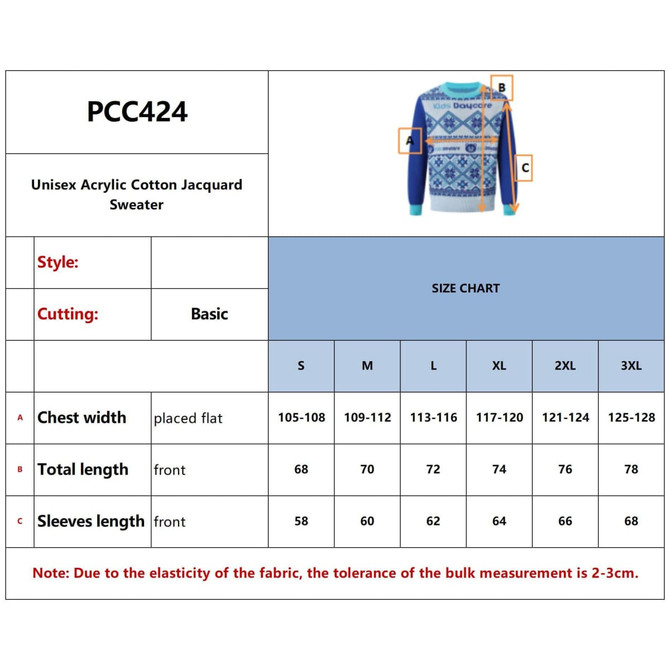 A colourful unisex acrylic cotton jacquard sweater featuring a festive design and a logo. Size chart included.