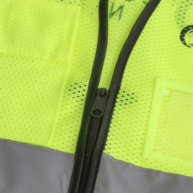 A bright yellow hi-vis vest featuring reflective tapes and functional pockets, with a zip closure.