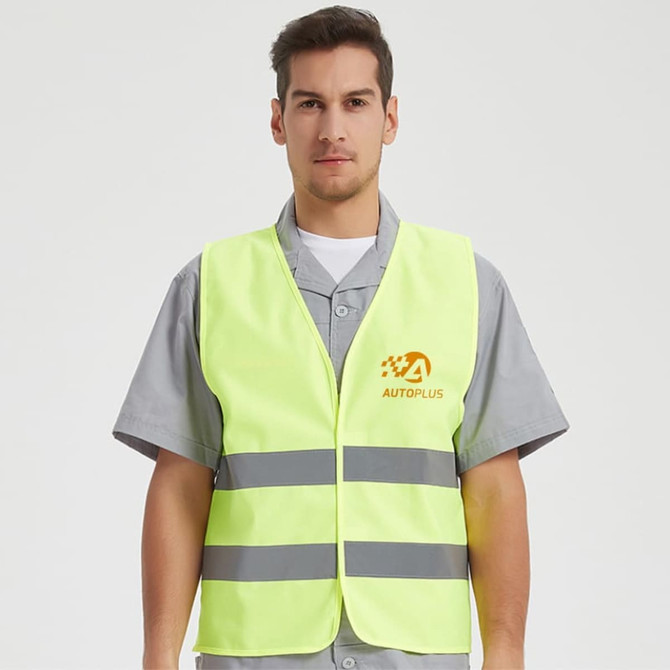 A unisex hi-vis vest in bright yellow with horizontal reflective tape and a brand logo on the front.