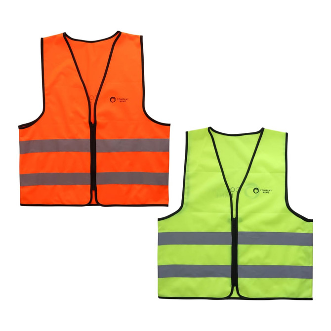 A set of two hi-visibility vests in orange and lime green, featuring horizontal reflective tape and a logo.