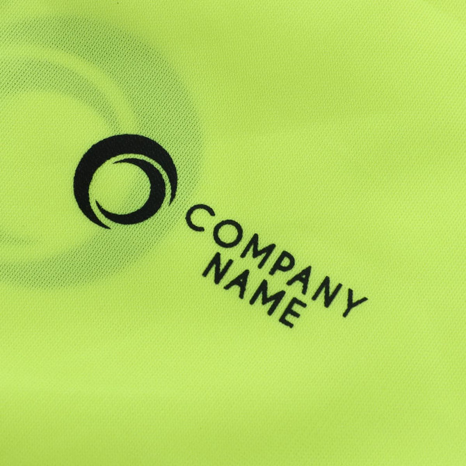 A bright yellow hi-vis vest featuring horizontal reflective tape and a logo. Perfect for increased visibility.