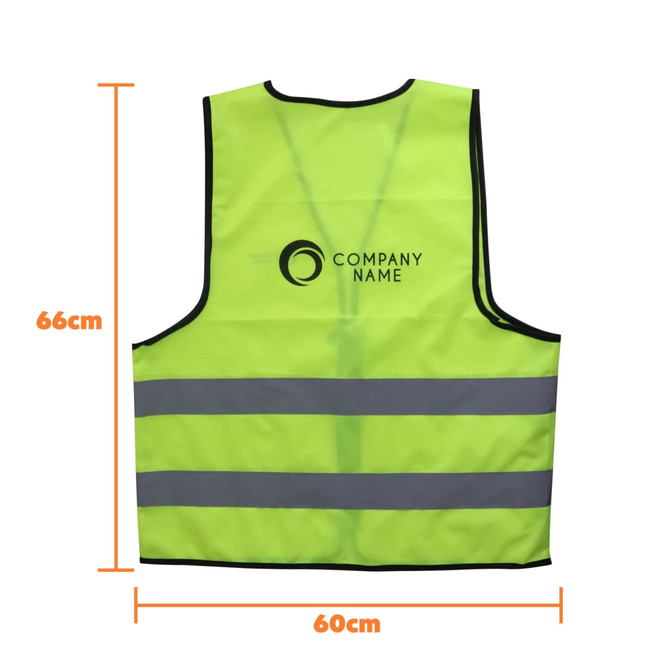 A high-visibility yellow unisex vest featuring horizontal reflective tape and a logo. Dimensions: 66cm by 60cm.