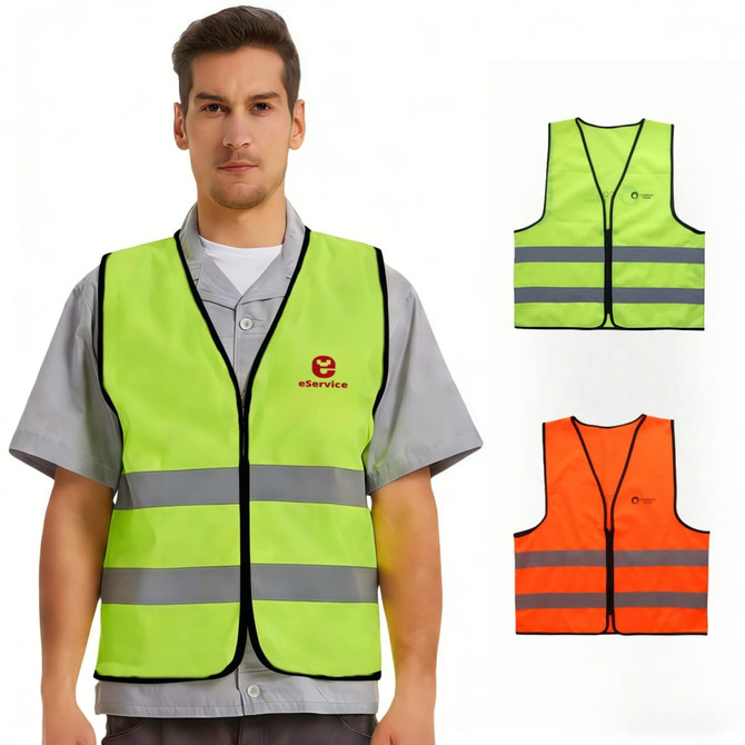 A unisex classic hi-vis vest in bright yellow and orange, featuring horizontal reflective tape and a logo.