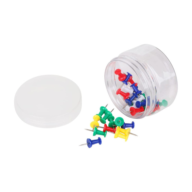A clear round container with a white lid, filled with colourful push pins in red, blue, green, and yellow.