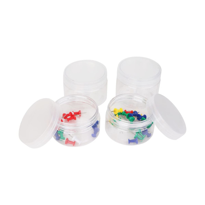 A set of transparent round containers with white lids, some filled with colourful push pins in red, green, blue, and yellow.
