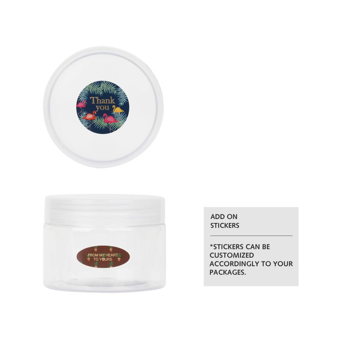 A clear round 120ml container with a decorative lid featuring a floral design and logo, perfect for home use.