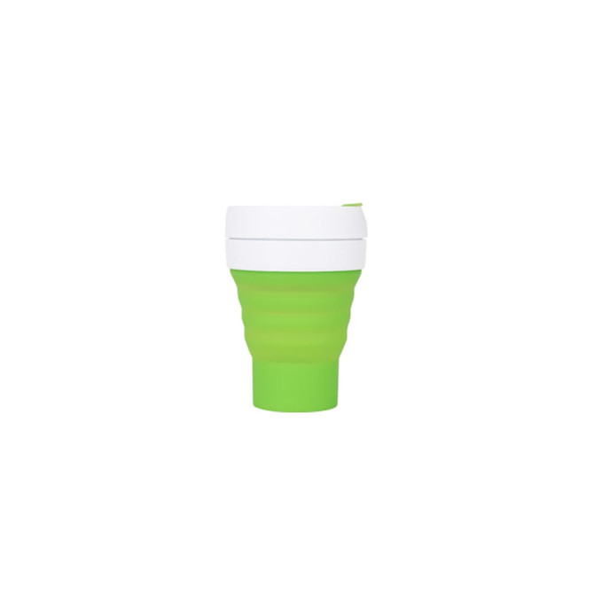 A drink bottle features a bright green collapsible silicon design with a white lid and branding element.