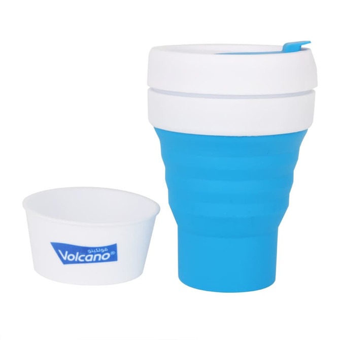 A drink bottle featuring a blue collapsible silicone coffee cup with a white lid and a small white container, branded.