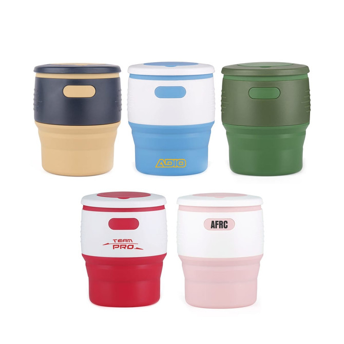 A drink bottle collection featuring collapsible silicone coffee cups in navy, blue, white, green, red, and pink. Each has a logo.