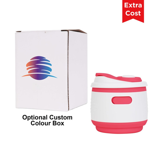 A drink bottle in white and pink, featuring a collapsible design, alongside a plain cardboard box with a logo.