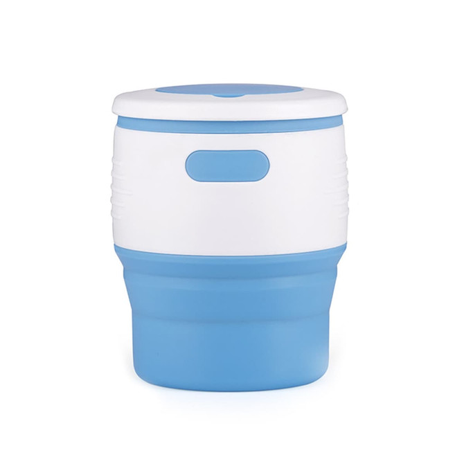 A drink bottle featuring a collapsible design in white and light blue, with a lid and a branding logo.
