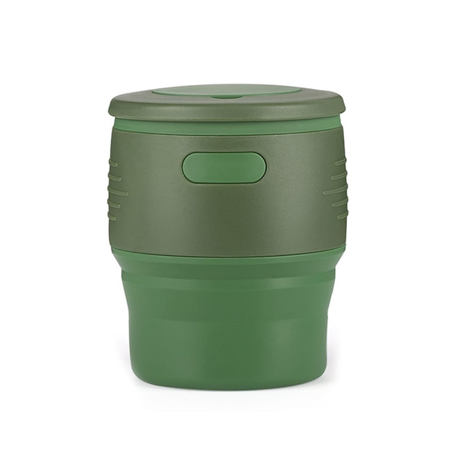 A drink bottle featuring a collapsible design in two shades of green, with a secure lid and a textured grip.