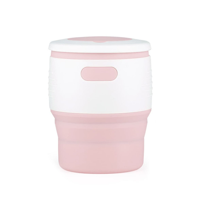 A drink bottle in pink and white, featuring a collapsible design, ideal for reusable coffee consumption.