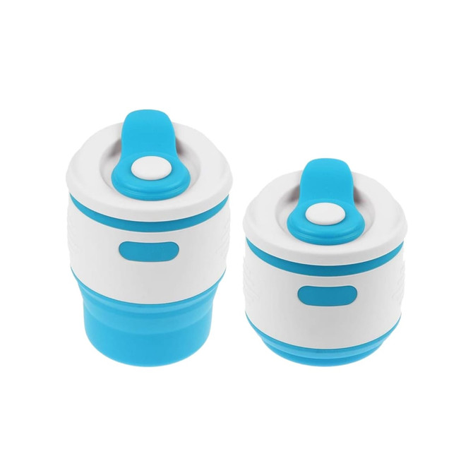 A drink bottle set featuring two collapsible silicone coffee cups in blue and white, each with a lid and button.