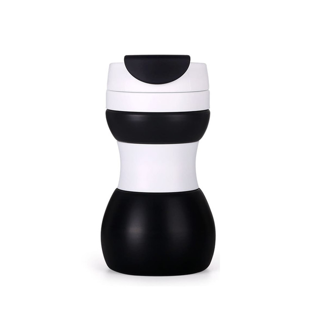 A drink bottle featuring a collapsible silicone design in black and white, showcasing a sleek, modern style with a logo.