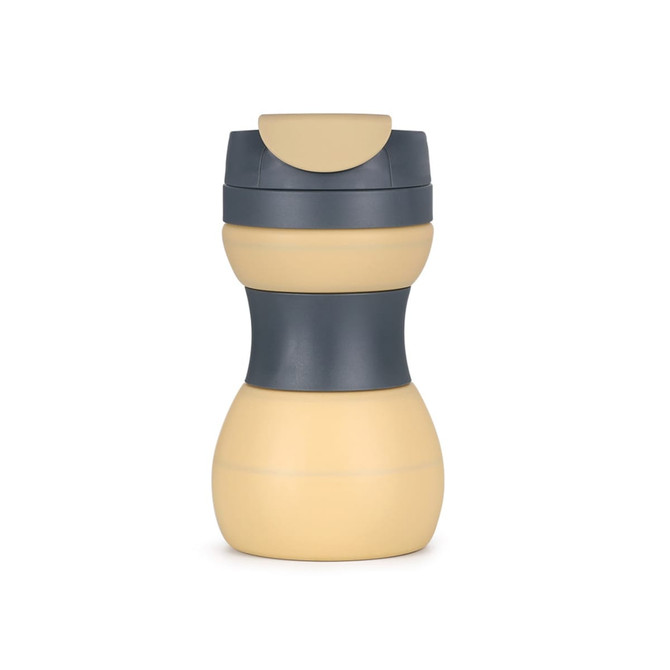 A drink bottle featuring a collapsible design in beige and dark grey, with a lid and branding.