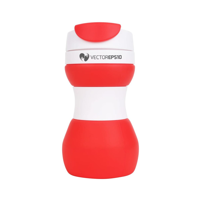 A drink bottle made of silicone, featuring a collapsible design, primarily red and white, with a logo on it.