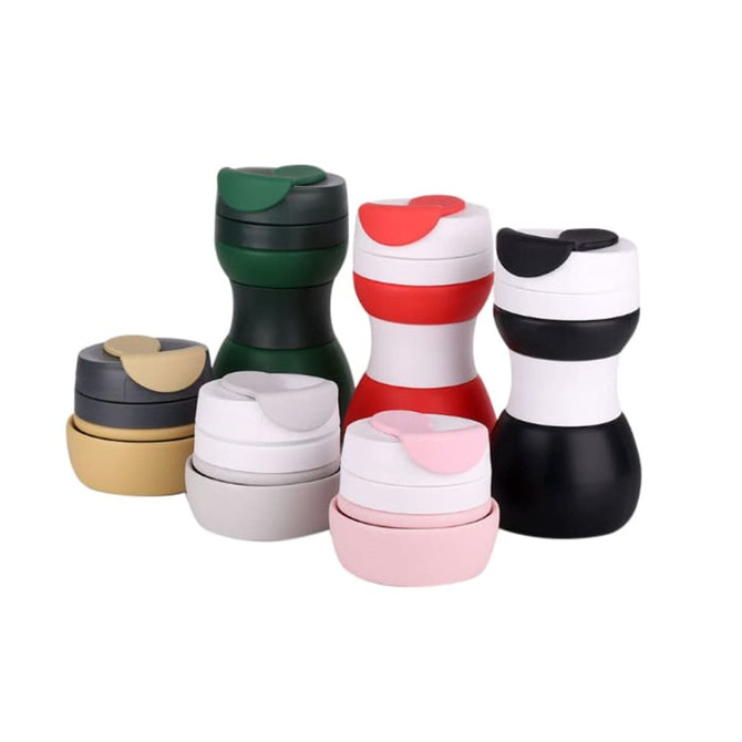 A drink bottle set featuring collapsible silicone coffee cups in green, red, white, black, grey, pink, and beige, with various lids.