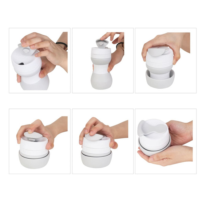 A drink bottle with a collapsible design, shown in white, featuring a secure lid and a hand demonstrating its use.