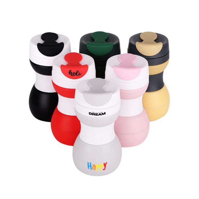 A drink bottle set featuring 500ml collapsible silicone coffee cups in various colours: black, green, red, pink, yellow, and white.