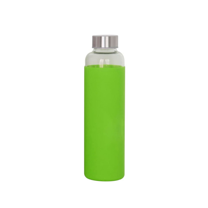 A drink bottle made of glass with a bright green silicone sleeve and a stainless steel lid. A drink bottle made of glass with a bright green silicone sleeve and a stainless steel lid.