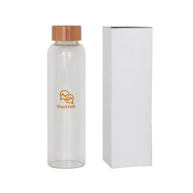 A drink bottle made of clear glass with a bamboo lid, accompanied by a white packaging box.