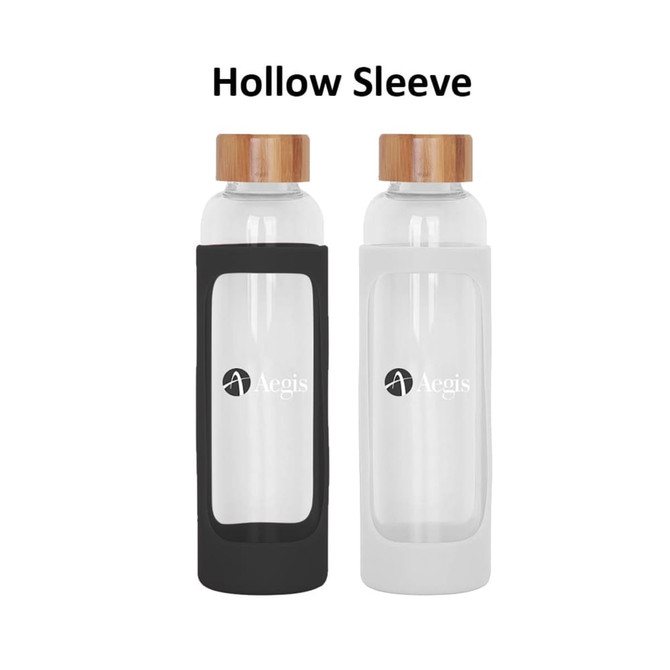 A drink bottle featuring a glass body with a bamboo lid, available in black and white with a hollow sleeve design.