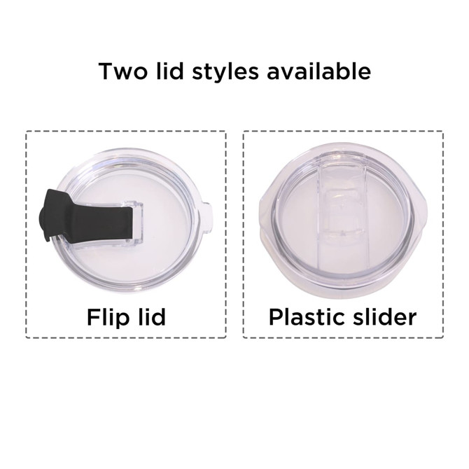 Two different styles of lids for a 10oz stainless steel tumbler, featuring a flip lid and a plastic slider lid. Two different styles of lids for a 10oz stainless steel tumbler, featuring a flip lid and a plastic slider lid.