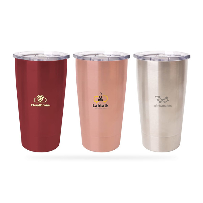 A drink bottle set featuring three 12oz stainless steel tumblers in red, rose gold, and silver, each with a logo.