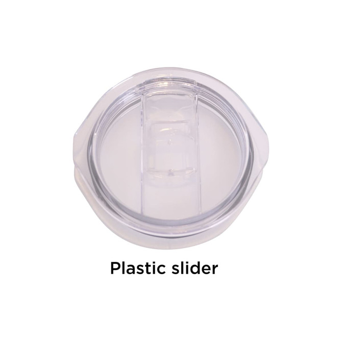 A drink bottle lid with a clear plastic slider, designed for a tumbler.