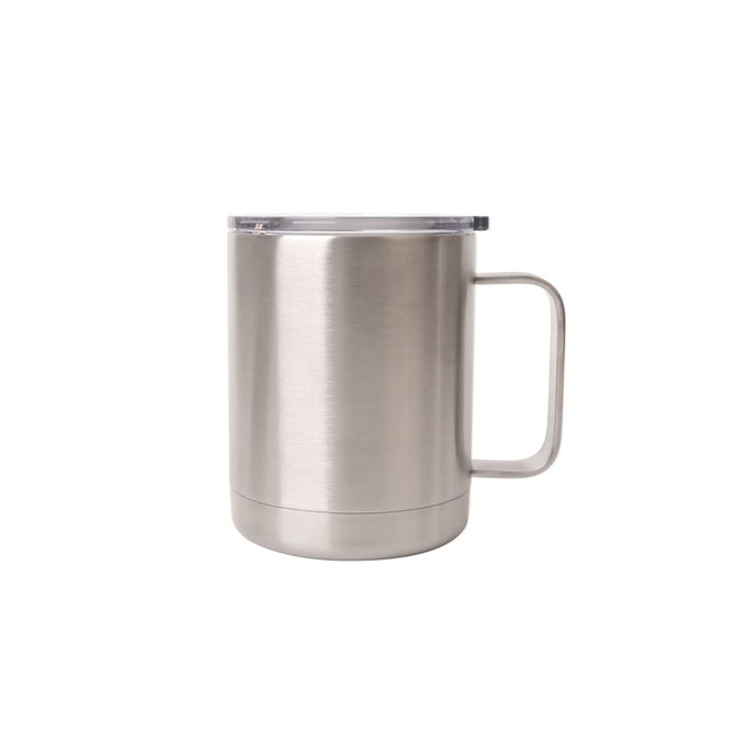 A stainless steel 10oz mug with a clear lid and a handle, featuring a sleek, polished finish. A stainless steel 10oz mug with a clear lid and a handle, featuring a sleek, polished finish.