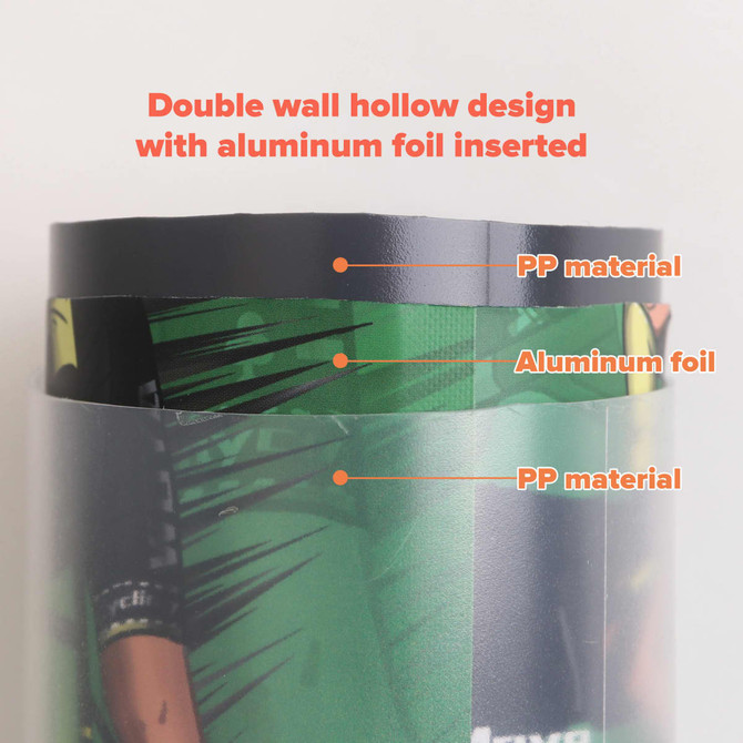 A drink bottle with a double wall hollow design, featuring PP material and aluminum foil for insulation.