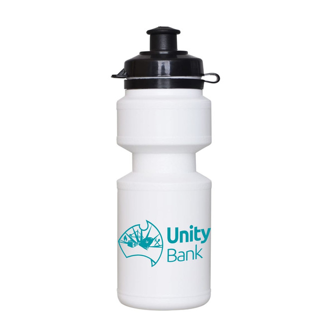 A drink bottle in white with a black flip-top lid and a logo. It has a cylindrical shape suitable for hydration.