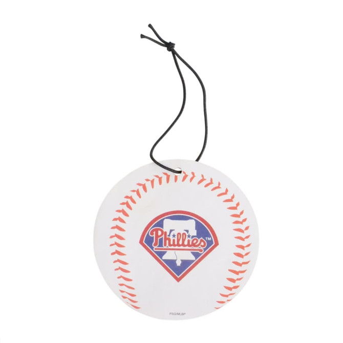A round car air freshener designed like a baseball, featuring a team logo and red stitching details.