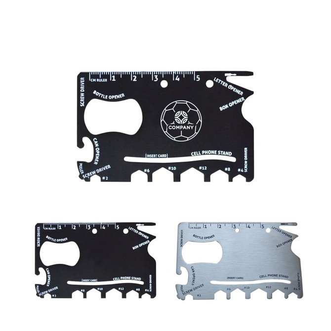 A card-sized multi-tool featuring various functions, available in black and silver, with a logo.